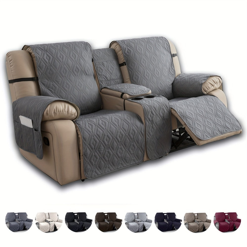 Recliner Loveseat Cover 4 Piece Set Waterproof Split Dual Recliner Sofa Slipcover with Center Console Cover & Straps - Pet Friendly Furniture Protector, Knit Polyester, 8 Colors, Black Grey Beige Navy
