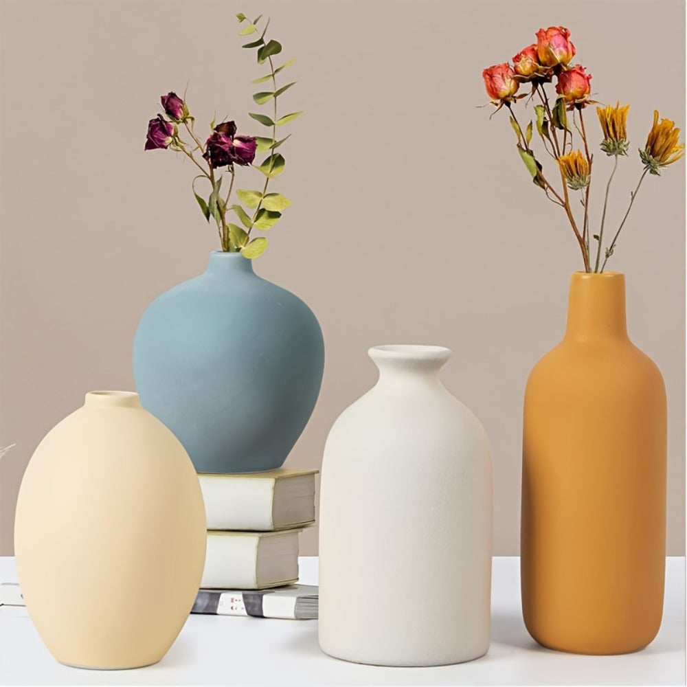 Ceramic Vase Set of 4 Small Vases for Dried Flowers Pampas Grass, Morandi Color Modern Farmhouse Home Decor, Boho Aesthetic Centerpiece Table Decoration Ceramics Vase Set