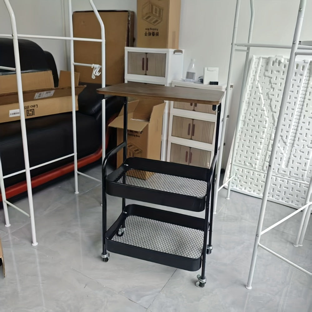 Storage Trolley with Wheels 3-Tier Wooden Tabletop Rolling Cart - Reinforced Black Metal Frame, Locking Casters, Multi-Use Organizer for Kitchen, Office, Bedroom & Living Room, Easy Assembly Printer Stand