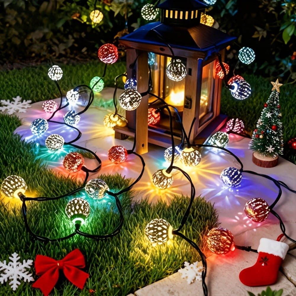 Moroccan Solar String Lights Outdoor - Metal Sphere Fairy Lights with 20/30/50 LED Beads, 8 Modes, IPX65 Waterproof | Boho Garden Lights for Patio, Lawn, Wedding, Christmas Tree & Party Decoration