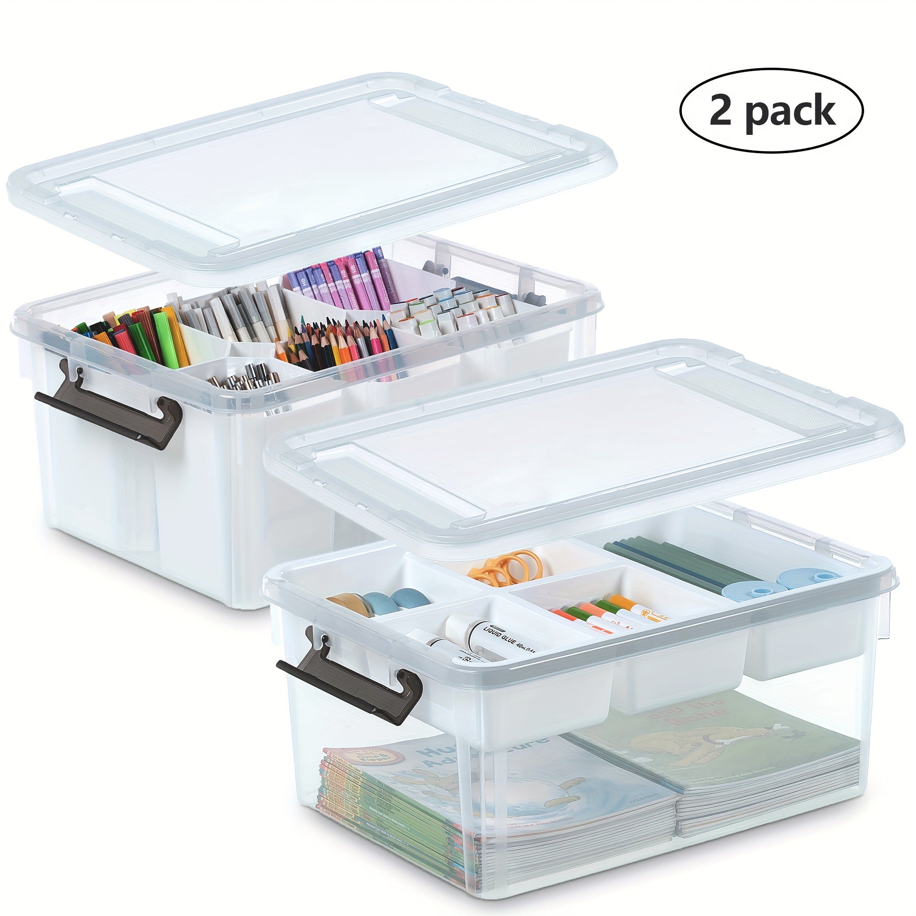Clear Plastic Storage Boxes with Removable Tray, 2pcs Stackable Transparent Storage Containers, Multipurpose Organizer for Office Stationery, Sewing, Bathroom & Kitchen Organization