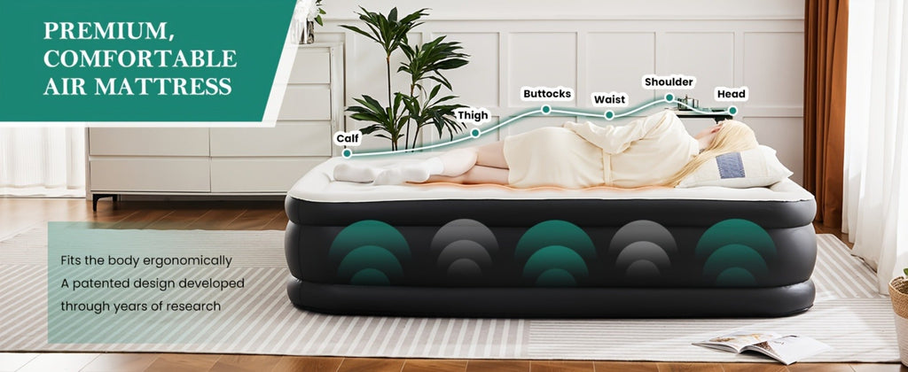 Inflatable Air Mattress with Pump Flocking Surface High Load Capacity Portable Air Sleeping Bed for Camping Hiking Beach Indoor Outdoor Guest Use, Easy Storage Compact Design