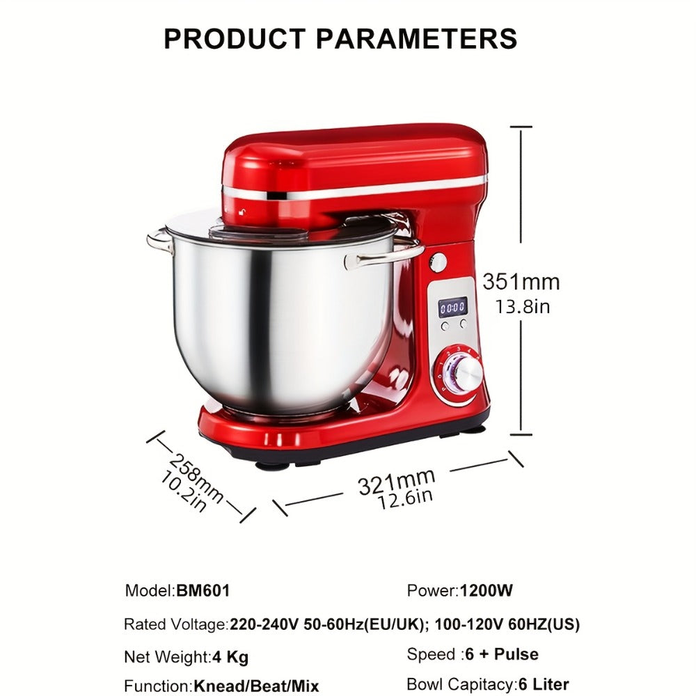 Stand Mixer 1200W 6L Stainless Steel Bowl - Kitchen Food Stand Mixer with Dough Hook, Whisk & Beater, 6-Speed Tilt-Head Electric Mixer for Baking, Kneading, Whipping, Red