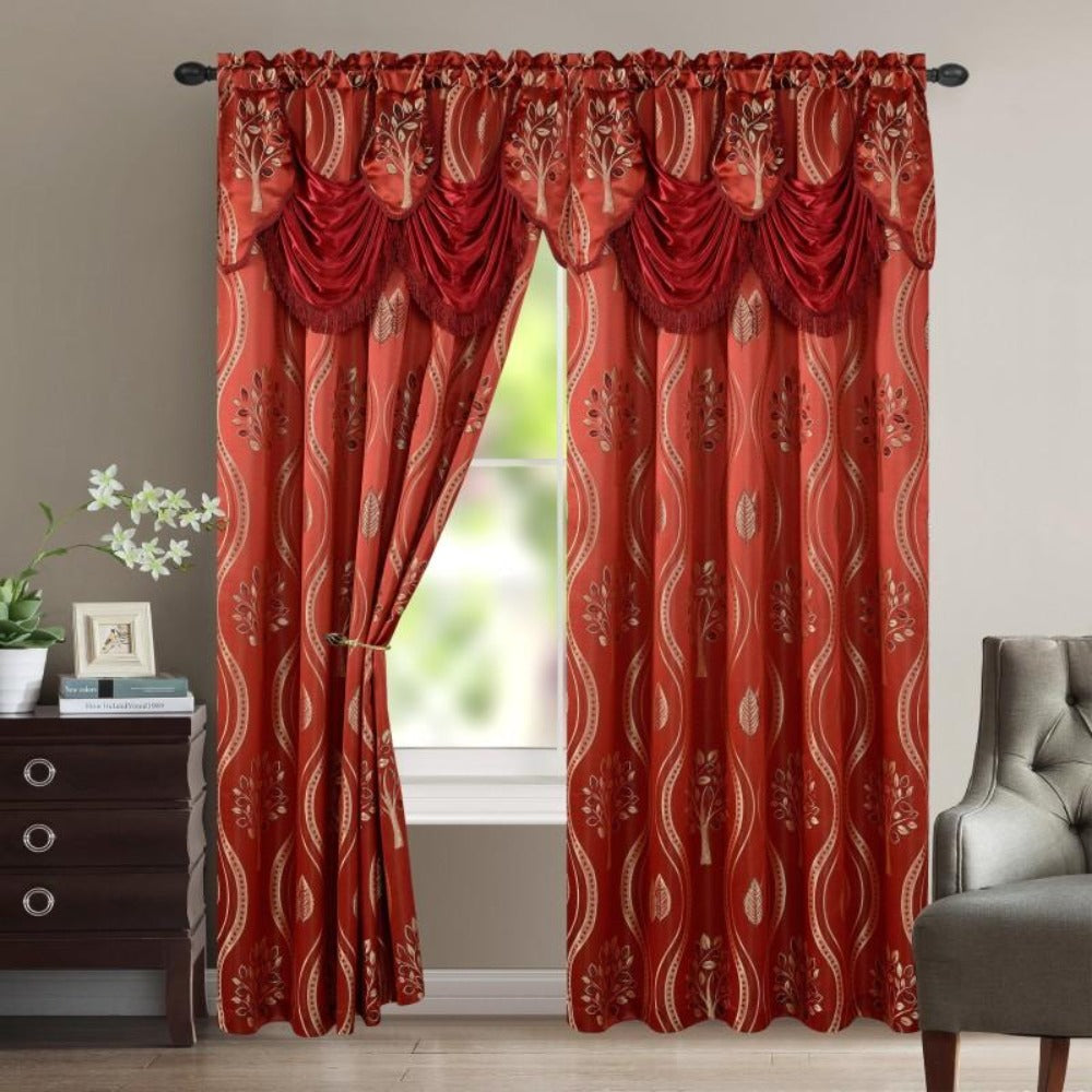 Blackout Curtains 2 Panels 54x84 Inch | Jacquard Room Darkening Rod Pocket Curtain Set with Attached Waterfall Valance | Machine Washable Window Drapes for Living Room Bedroom Home Office Study