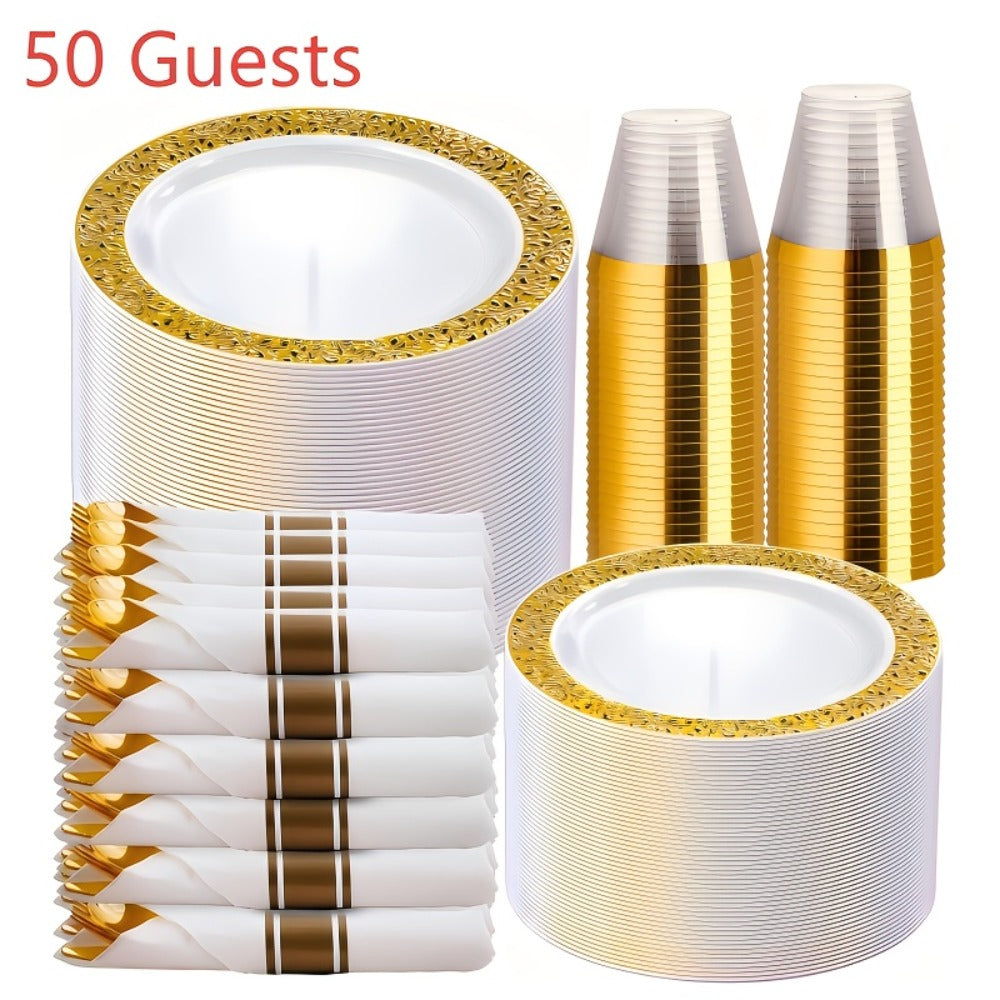 Gold Disposable Dinnerware Set for 50 Guests 350pcs ¨C Includes Dinner Plates, Dessert Plates, 9oz Cups with Gold Rim, Pre-Rolled Napkins & Gold Cutlery | Perfect for Wedding, Party & Holiday Celebration