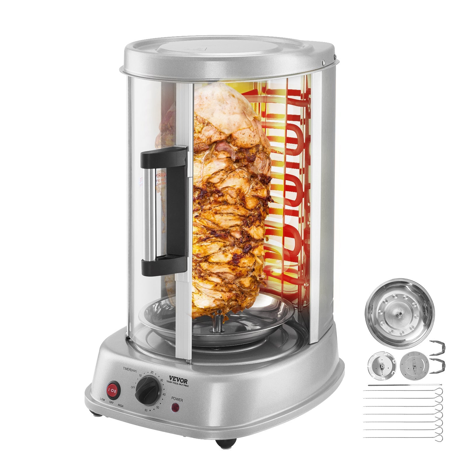 Electric Shawarma Grill Machine 20L Vertical Gyro Rotisserie Doner Kebab Maker Stainless Steel 360 Auto Rotation Timer 419¡ãF Max Temp Multifunctional for Home Family Gatherings