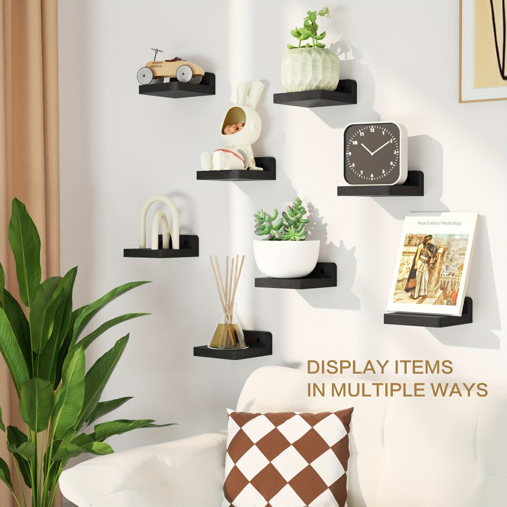 Wall Mounted Wooden Shelves Set of 8 - Small 4 Inch Floating Shelves for Bedroom, Bathroom, Kitchen & Office Decor and Storage, Rustic Style (Pure Black)