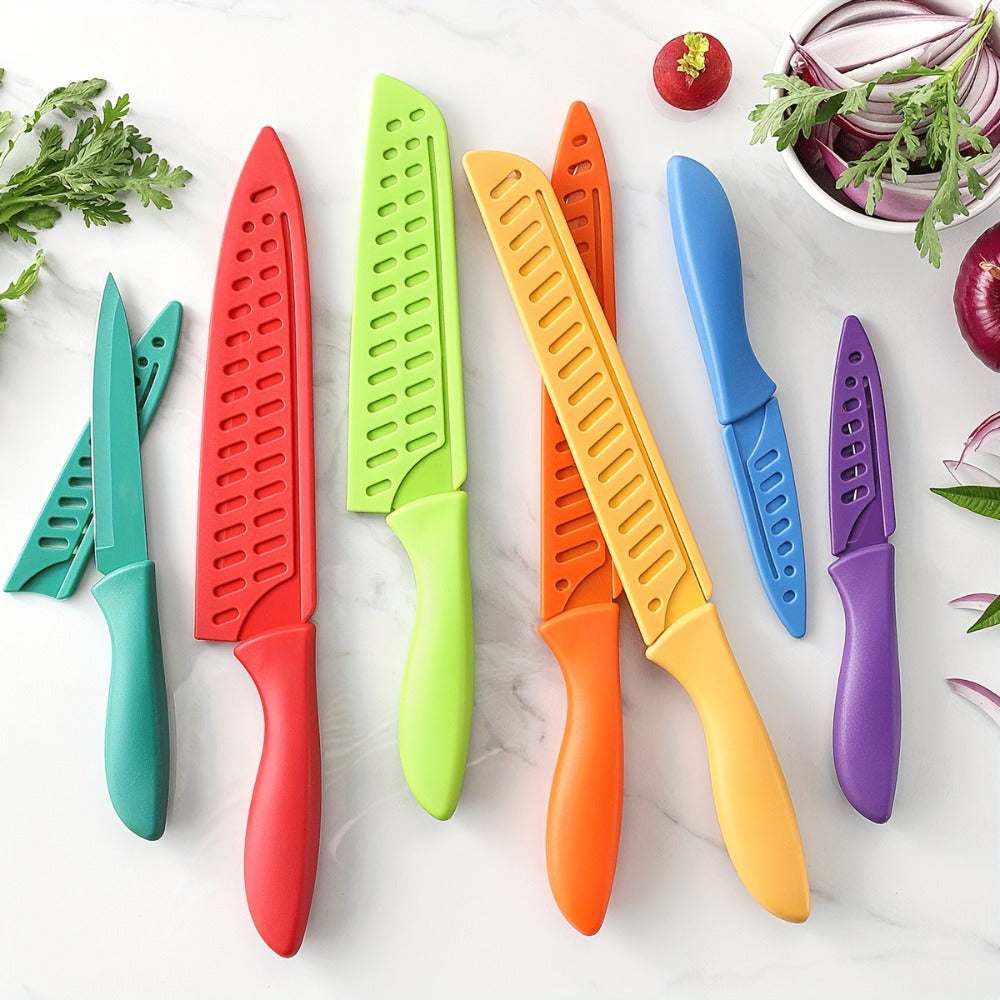 Rainbow Kitchen Knife Set 14pcs ¨C 7 Sharp Stainless Steel Knives with 7 Blade Guards, Dishwasher Safe, Non-Stick Professional Chef Knife Set with Sheaths