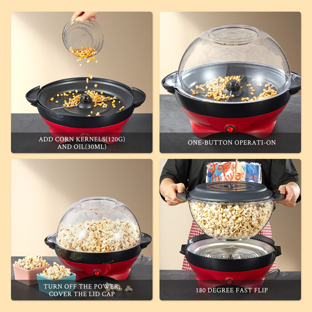 Popcorn Machine 800W Electric Stirring Popcorn Maker ¨C 6-Quart Non-Stick Plate, Quick-Heat Technology, Cool-Touch Handles, 2-in-1 Lid & Bowl for Home Movie Night