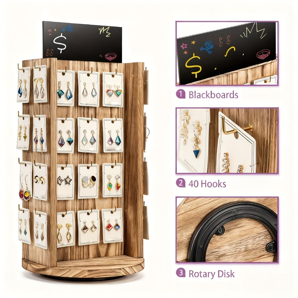 Rotating Earring Display Stand - 40-Hook Jewelry Organizer Tower, Tabletop Rack Holder with Advertising Board, Space-Saving Jewelry Storage for Earrings, Necklaces & Small Accessories