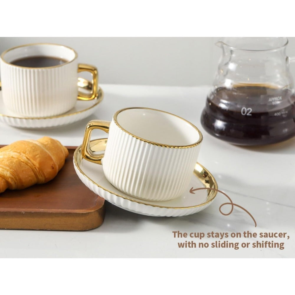 Ceramic Cappuccino Cups with Saucers Set of 6 ¨C 8oz Coffee Mugs with Golden Trim, Latte Art Cups for Espresso Mocha, British Italian Style Caf¨¦ Cups and Saucer Sets for Home Kitchen