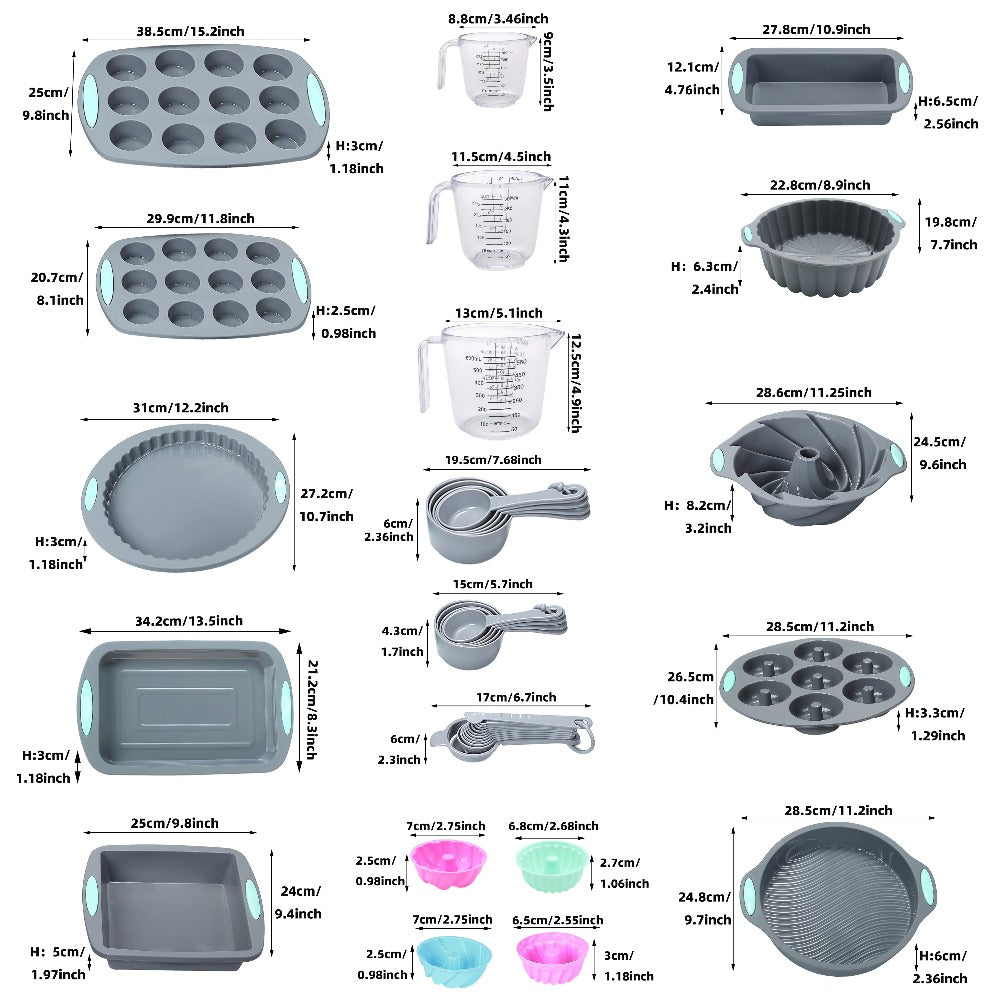 Silicone Bakeware Set with Cake Molds, Muffin Pan, Donut Pan, Baking Sheet, Baking Cups & Measuring Cups Spoons, Complete Nonstick Silicone Baking Set for Oven, 45-Piece 53-Piece or 83-Piece Options