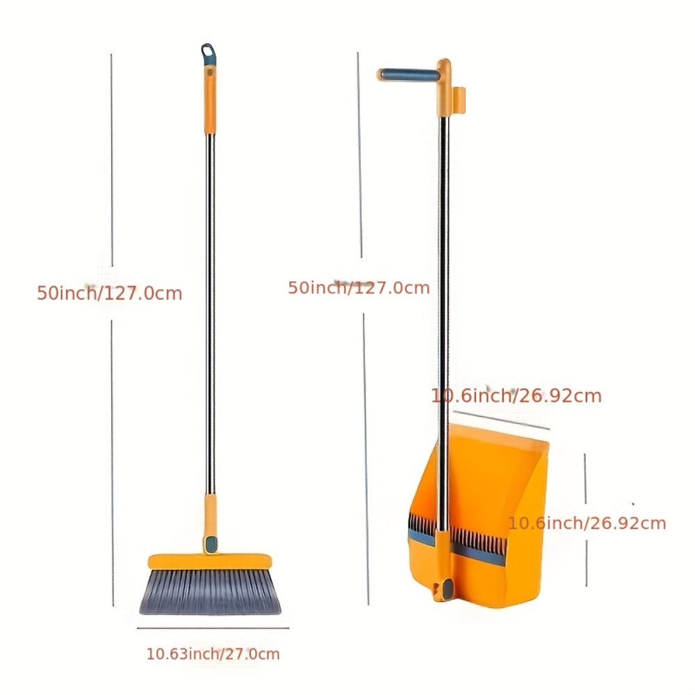 3-in-1 Magnetic Broom Dustpan and Garbage Bag Set Rotatable Foldable Soft Bristle Non-Stick Pet Hair Broom for Hard Floors Space Saving Living Room Bedroom Bathroom Outdoor White Orange