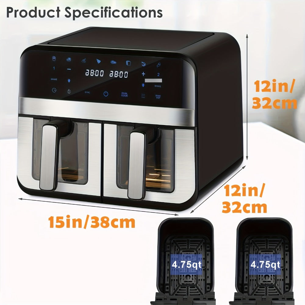 Dual Basket Air Fryer 9.5Qt ¨C 2x4.75Qt Independent Zones, Smart Finish Match Cook, 2400W, 8 Presets, Air Fry Roast Bake Grill, Energy Saving Family-Size Double Basket Air Fryer