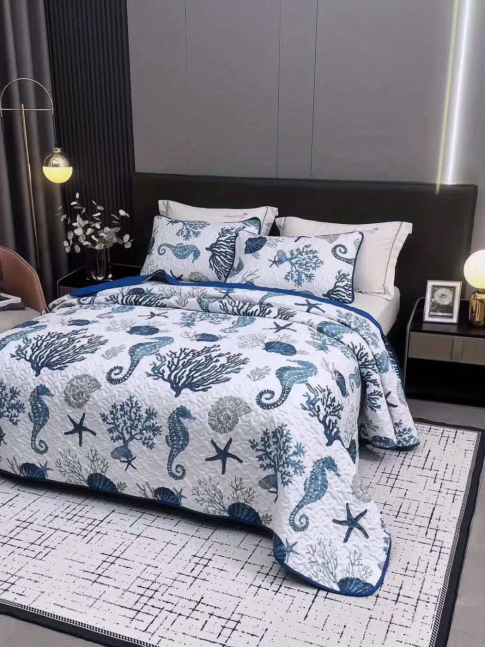 Duvet Cover Set 3 Piece Ocean Style Seahorse Coral Pattern Soft Breathable Microfiber Bedding Set with 2 Pillowcases Machine Washable All Season Comforter Cover for Bedroom Dorm Twin Full Queen King