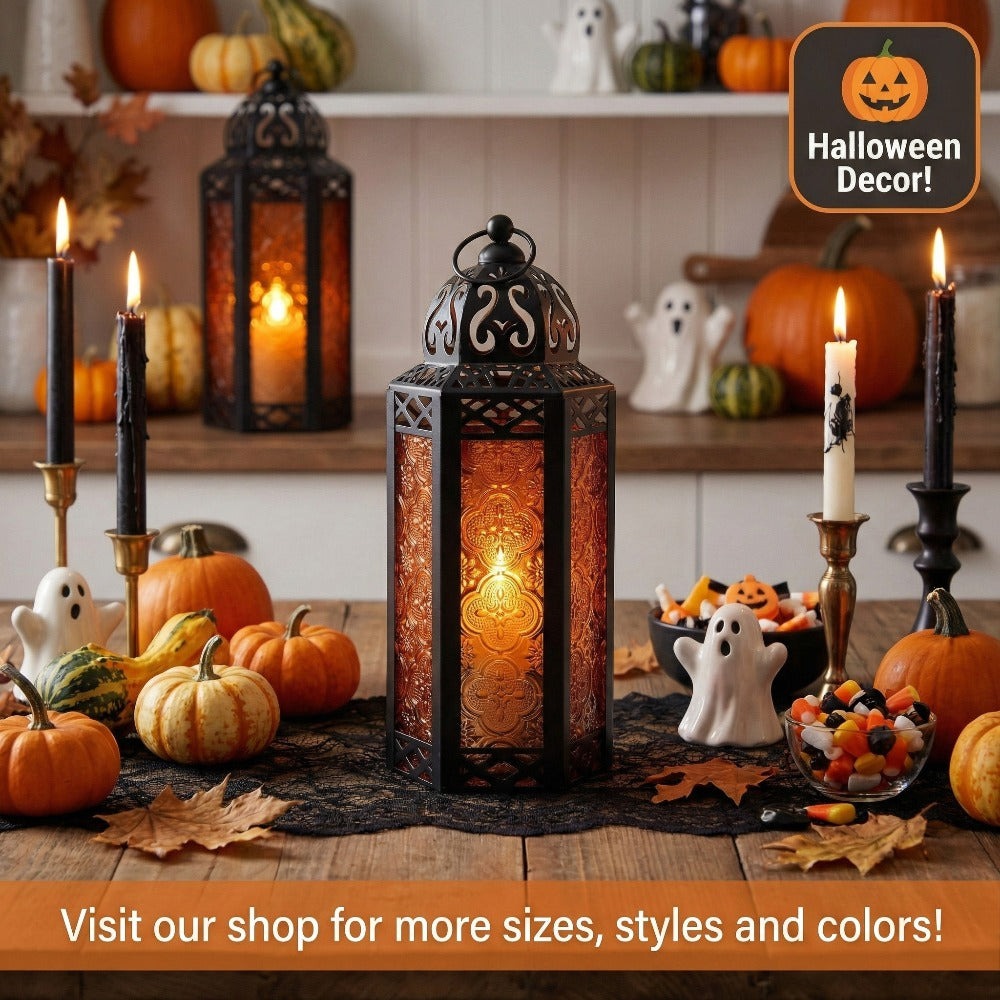 Moroccan Candle Lantern Holder - Decorative Metal & Glass Lantern with Embossed Floral Design for Indoor Home Decor, Garden, Patio, Weddings, Ramadan, Halloween & Holiday Celebrations - 10.5¡± Tall Medium Size