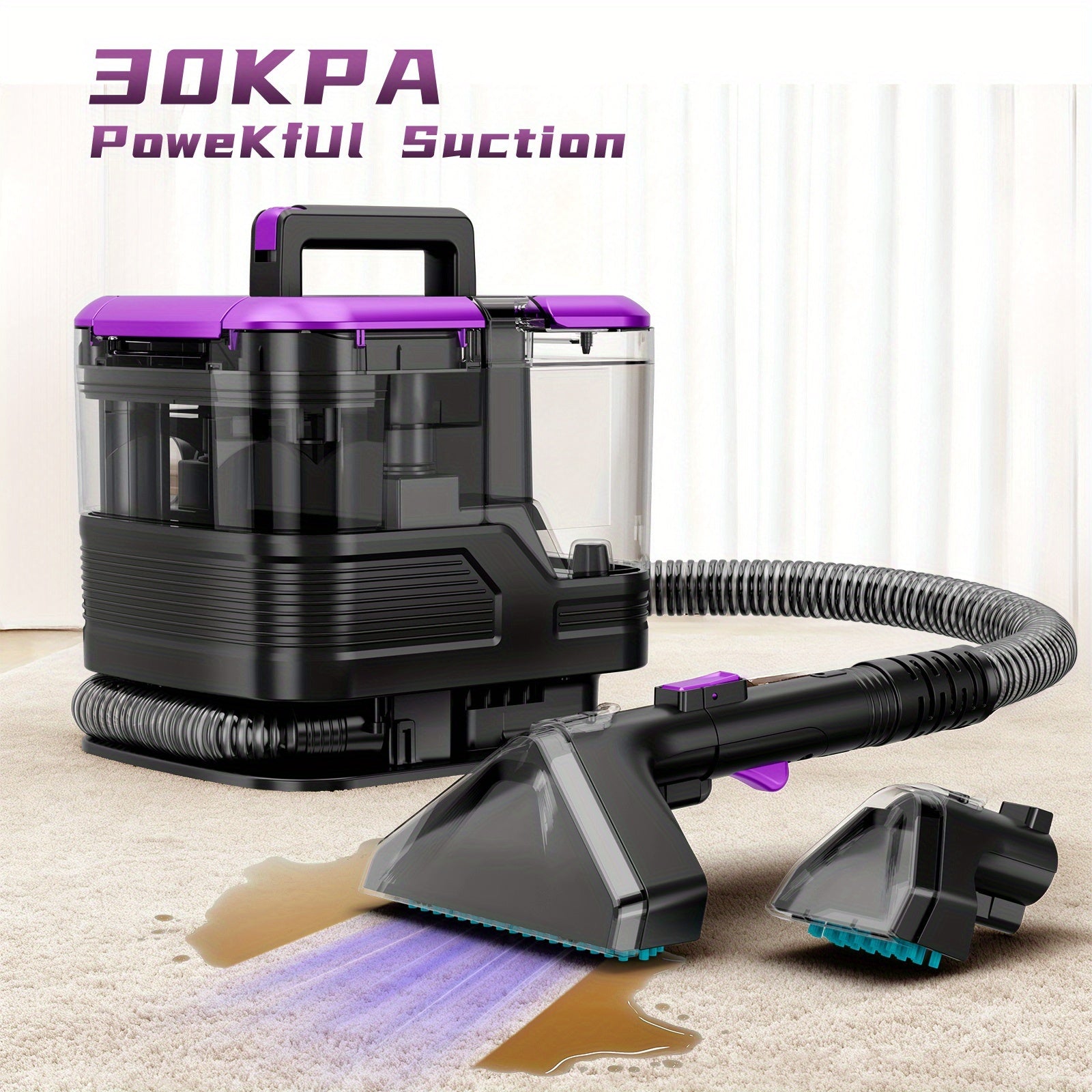 Portable Upholstery Cleaner Machine 30Kpa ¨C Carpet & Spot Cleaner with Dual Brush Head for Deep Stain Removal on Carpet, Couch, Car Seat, Stairs & Pet Messes