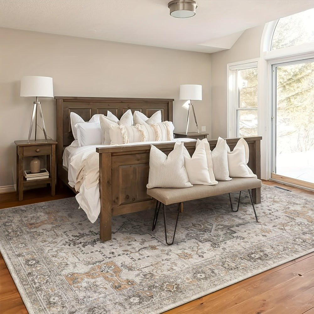 Vintage Chenille Area Rug Non-Slip Machine Washable ¨C Retro Print Lightweight Carpet for Living Room, Bedroom, Dining Area & Home Office ¨C Light Taupe Brown, 8 Sizes