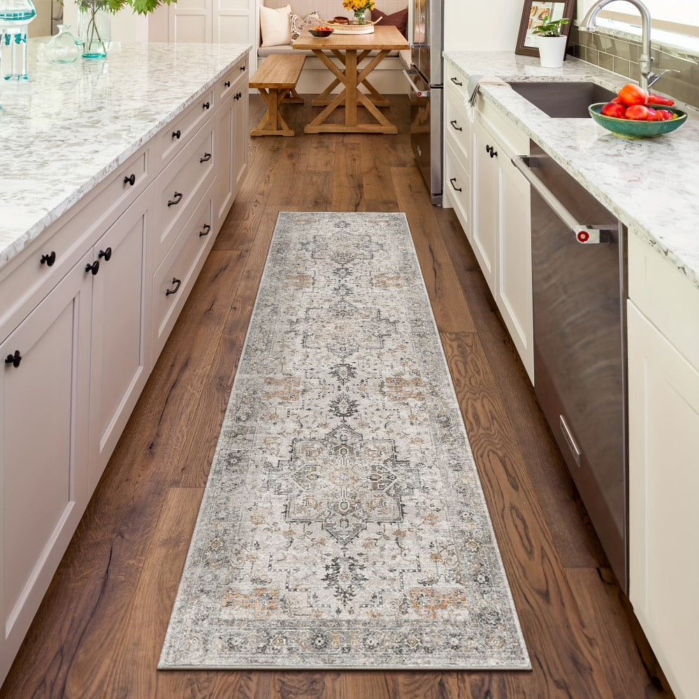 Runner Rug Machine Washable Non-Slip Vintage Hallway Area Rug Low Pile Lightweight Boho Floral for Entryway Kitchen Corridor Light Taupe Brown