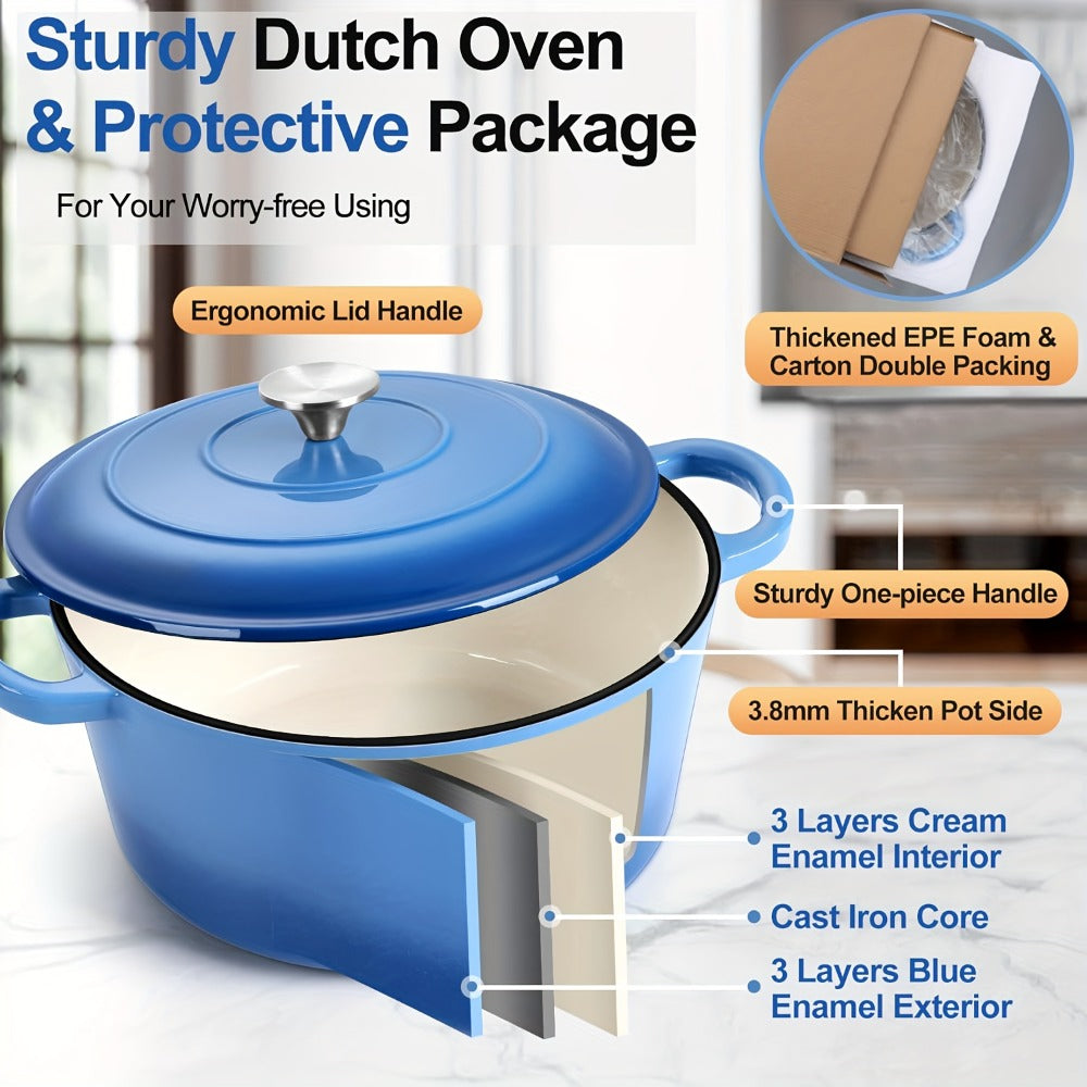 Enameled Cast Iron Dutch Oven with Lid & Dual Handles, Non-Stick Enamel Coated Heavy Duty Cookware for Bread Baking, Braising & Slow Cooking, Superior Heat Retention, Orange, Red & Blue