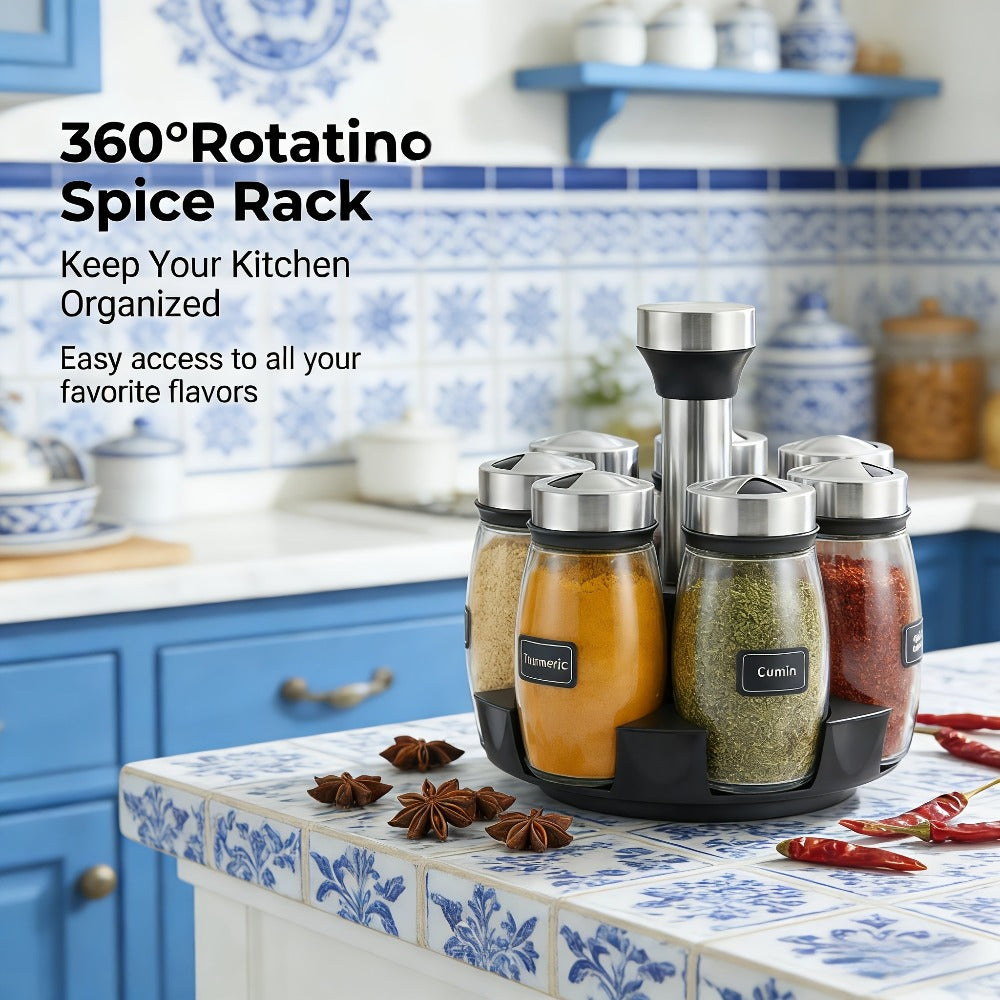 Glass Spice Jar Set with Rotating Rack ¨C Airtight Kitchen Spice Organizer with 360¡ã Stainless Steel Stand ¨C Food Grade Glass Seasoning Bottles for Pantry, Cabinet & Countertop Storage ¨C 6 or 12 Piece