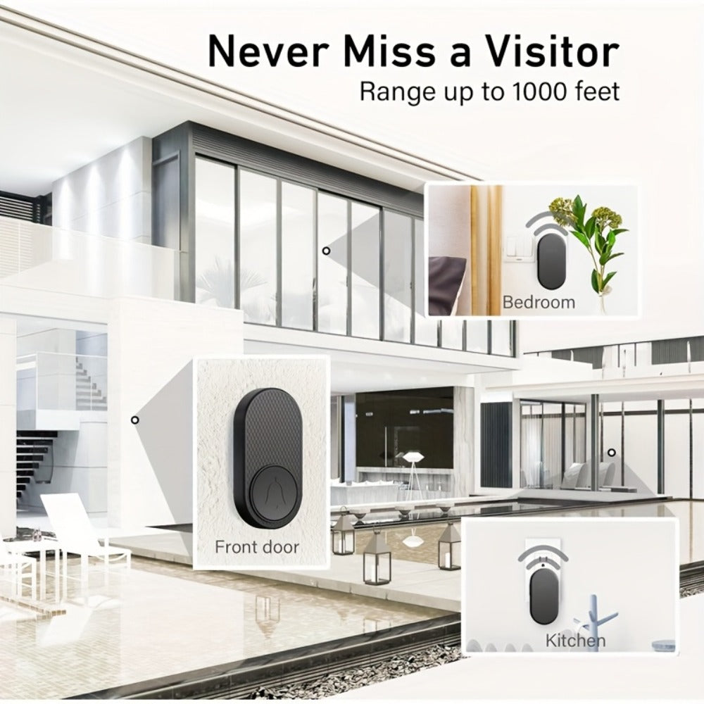 Wireless Doorbell Battery Powered ¨C 33 Melodies, 4 Volume Levels, 1000-Foot Range, Durable Plug-In Receiver, Easy Install, for Home, Apartment, Office & Commercial Use (Enhanced Edition)
