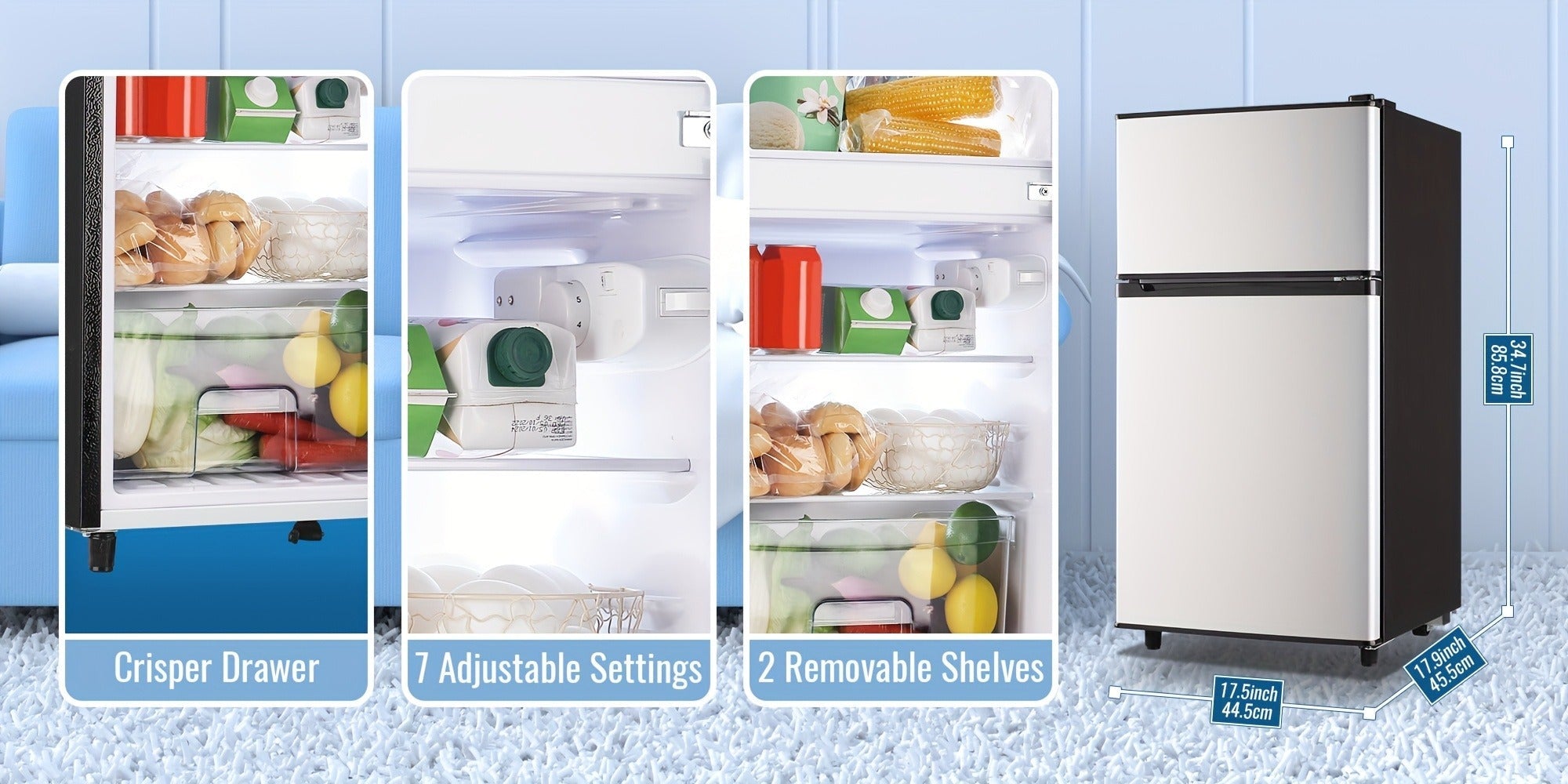 Small Fridge with Freezer, 2-Door Compact Refrigerator with 7-Level Adjustable Thermostat, Removable Shelves & Basket ¨C 2.5 or 3.5 Cu Ft Silver Mini Fridge for Dorm, Office, RV and Bedroom