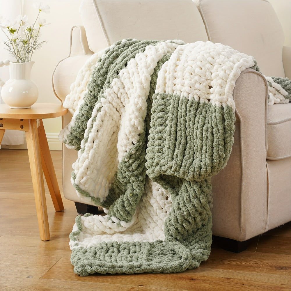 Chunky Chenille Cable Knit Throw Blanket ¨C 350-400gsm Soft Warm Crochet Throw for Sofa, Bed & Couch, Vintage Patchwork, 14 Colors