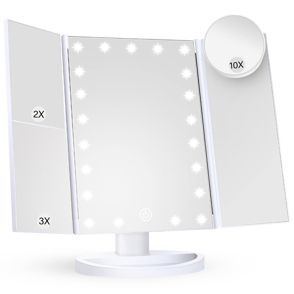 LED Tri-Fold Makeup Mirror with Touch Screen ¨C 1X/2X/3X/10X Magnifying Vanity Mirror, Flexible Adjustable Base, Lighted Travel Mirror for Makeup Desk, Bedroom & Bathroom | Gift for Women