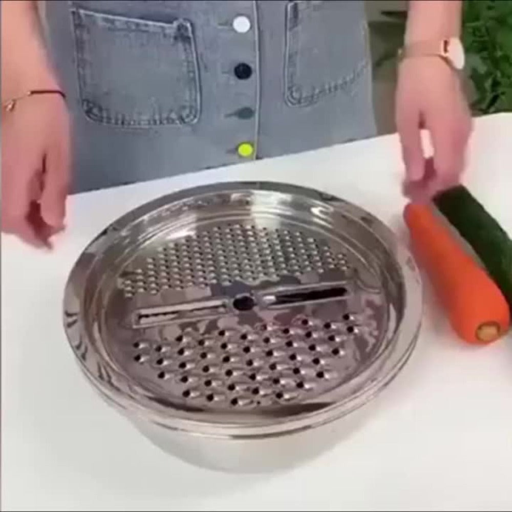 Stainless Steel 3-in-1 Kitchen Prep Set with Mixing Bowl Built-In Grinder Multi-Layer Slicer and Drainage System Food Safe Prep Bowl for Fruits Vegetables Cheese