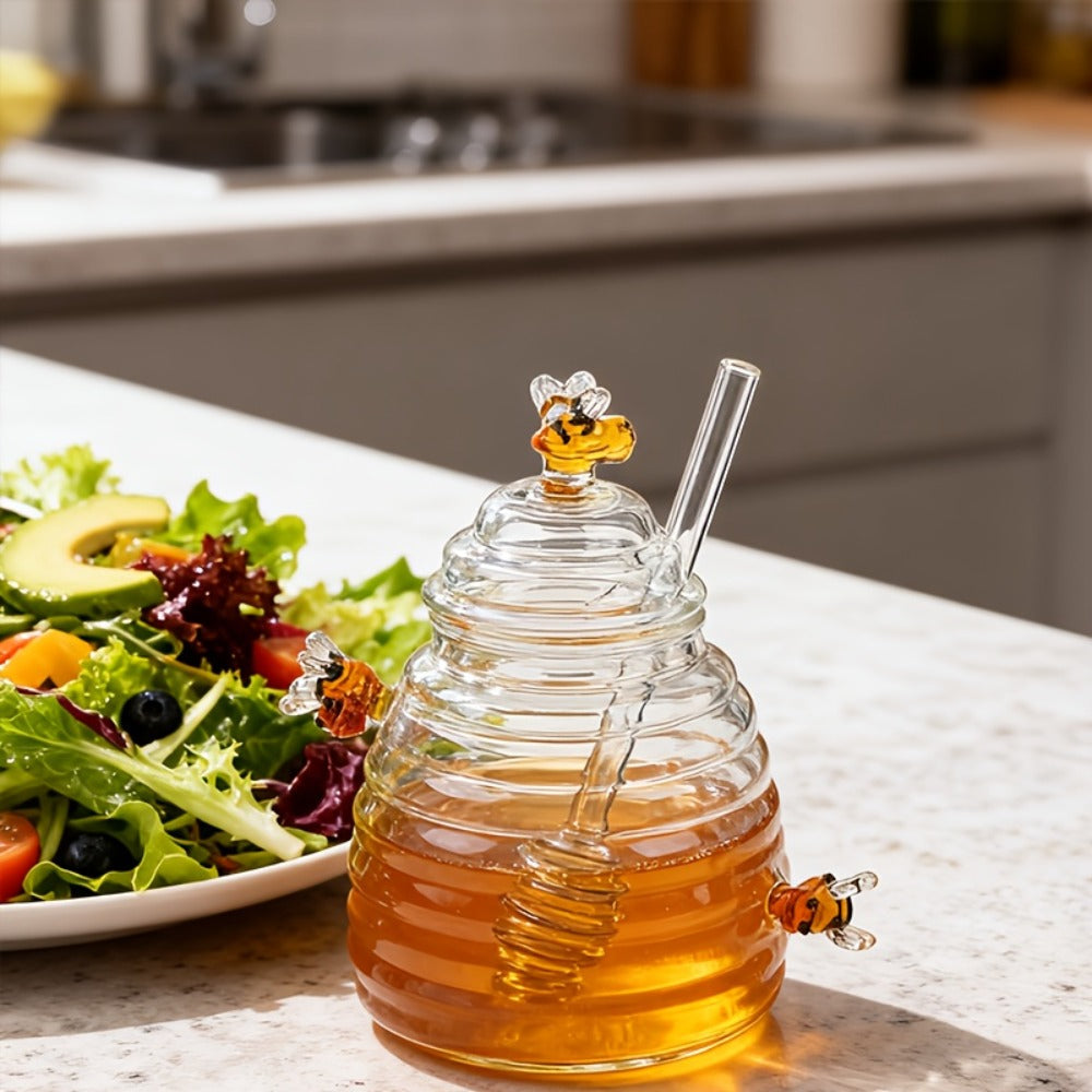 Glass Honeycomb Honey Jar with Lid and Stirrer | 480ml High Borosilicate Transparent Storage Container for Home Kitchen Wedding Party