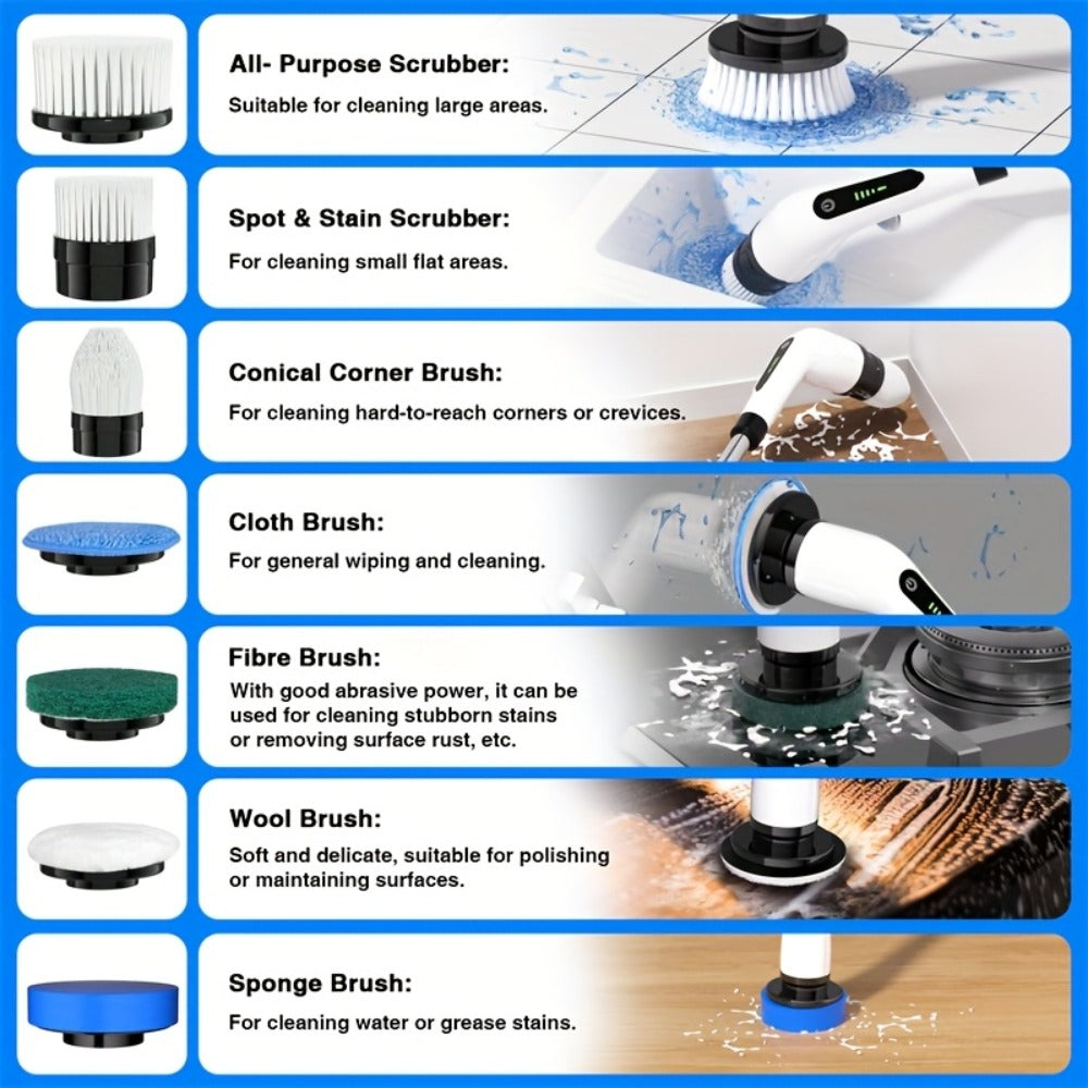 Electric Spin Scrubber Cordless, 7-in-1 Cleaning Brush with 7 Replaceable Heads, Dual Speed Adjustable, USB Rechargeable, Detachable Telescopic Handle for Bathroom Tile Kitchen Tub Floor Living Room