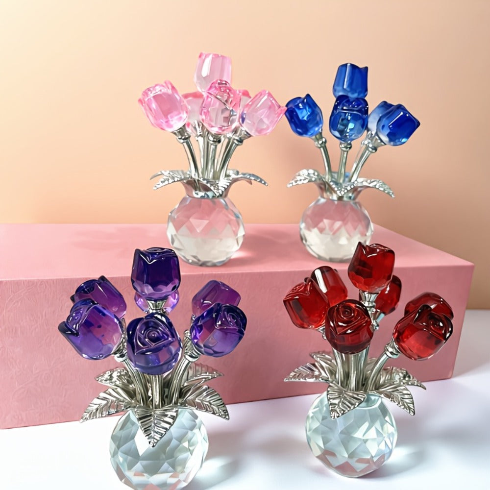 Glass Rose Sculpture Floral Home Decor ¨C Sparkling Leaves Art Figurine for Bedroom, Living Room, Valentine's Day Gift