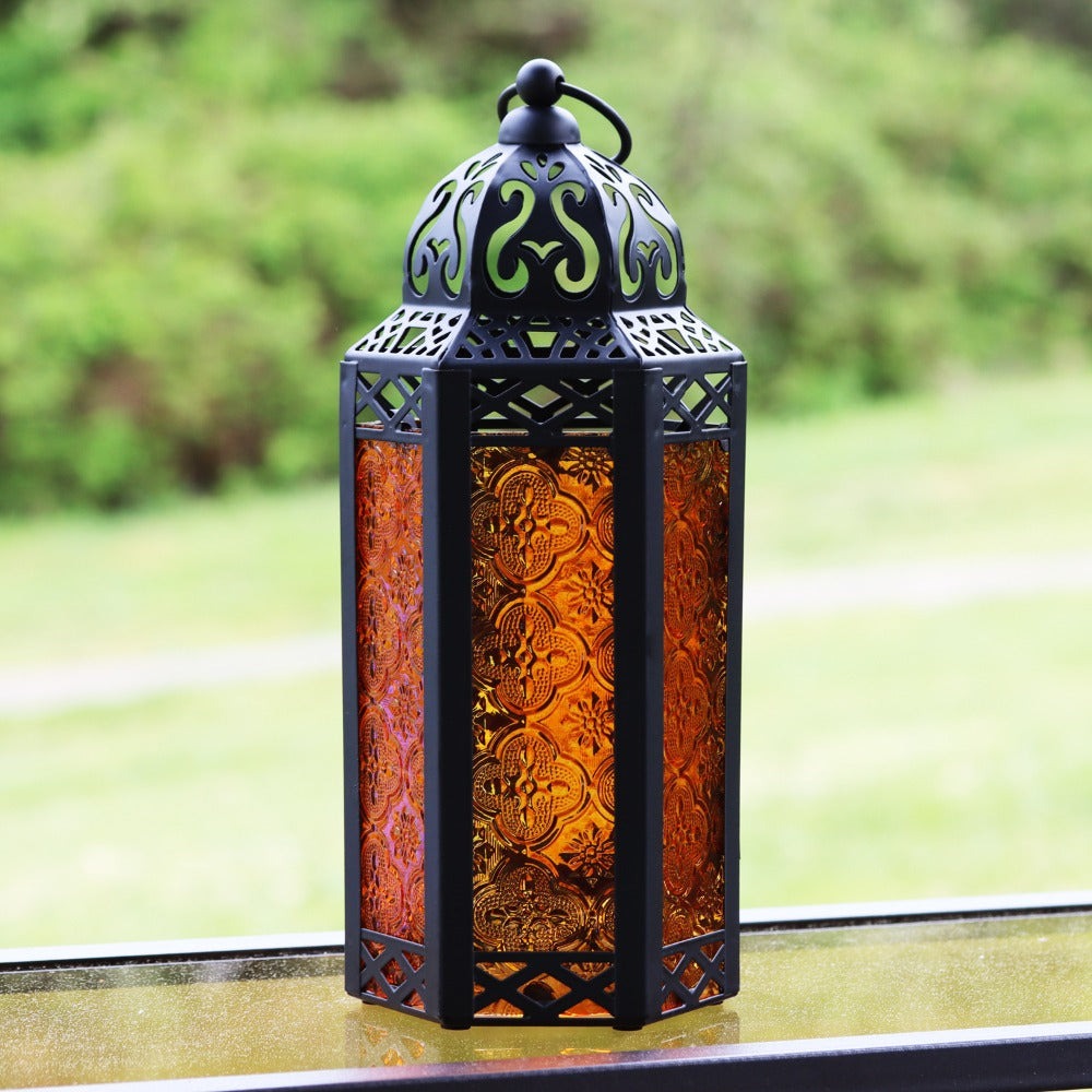 Moroccan Candle Lantern Holder - Decorative Metal & Glass Lantern with Embossed Floral Design for Indoor Home Decor, Garden, Patio, Weddings, Ramadan, Halloween & Holiday Celebrations - 10.5¡± Tall Medium Size