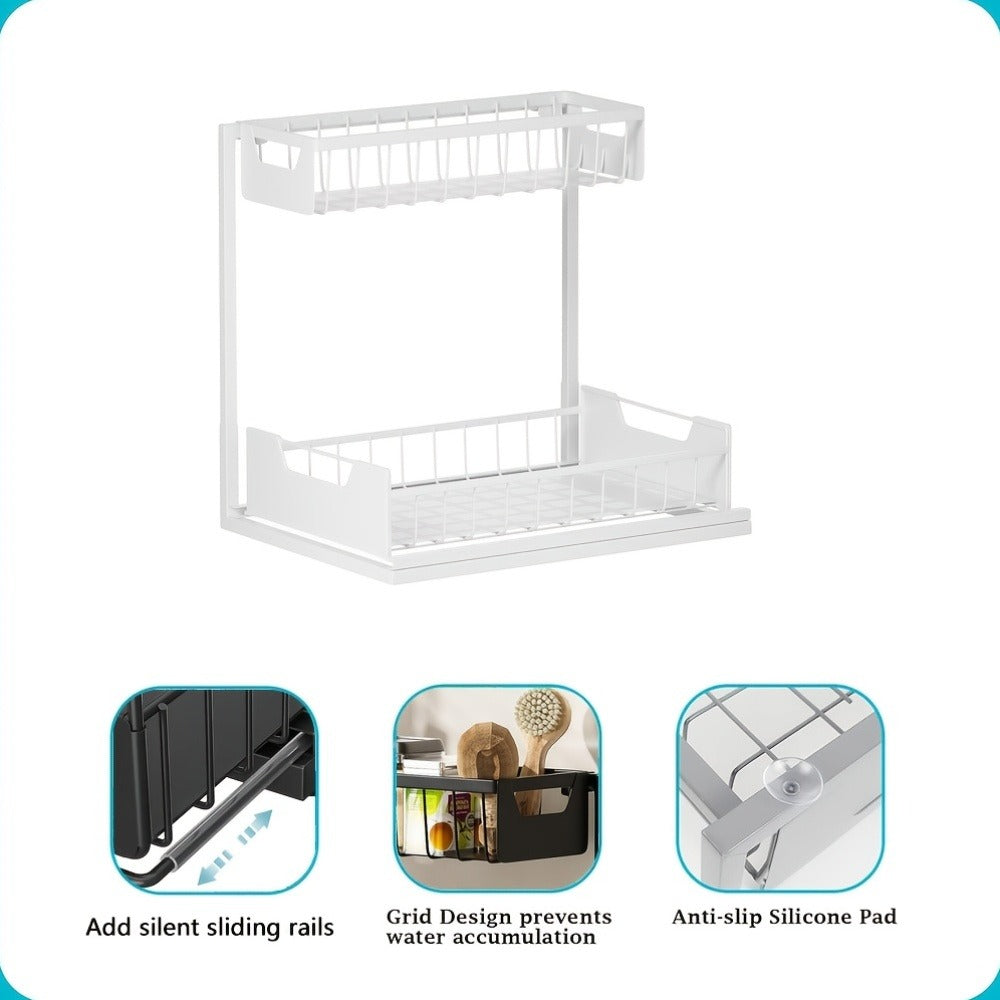Under Sink Organizer 2-Tier Sliding Pull-Out Metal Rack Cabinet Storage for Kitchen Bathroom Refrigerator Adjustable Shelf Organizer in Black White Gray