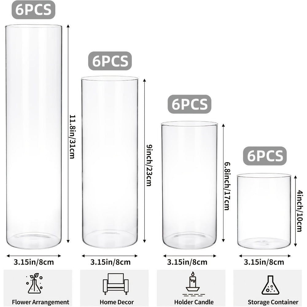 Glass Cylinder Vases Set 12 or 24pcs Clear Tall Flower Vase Candle Holder 4 Sizes for Wedding Centerpieces Home Decor Party Table Decoration DIY Candle Making