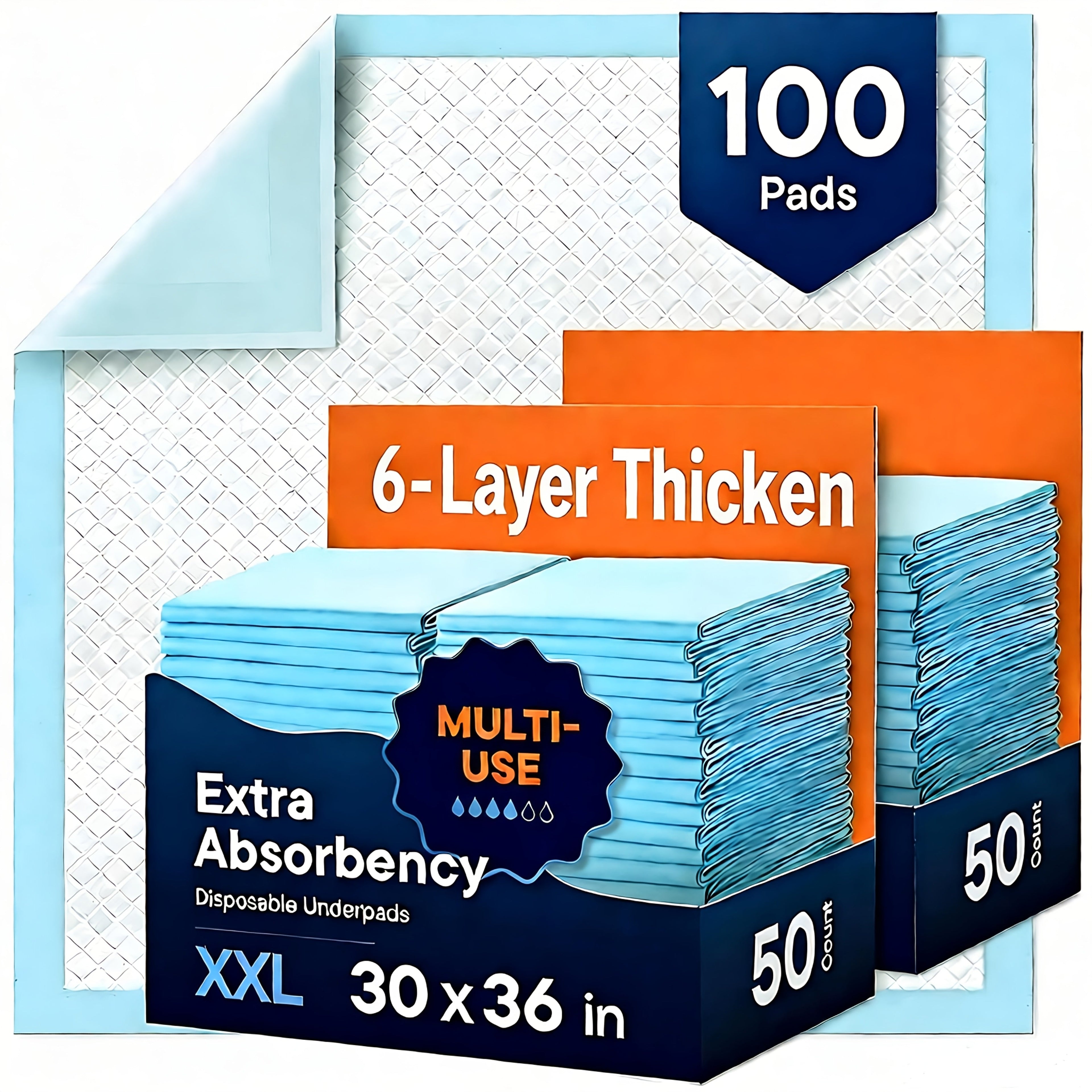 Disposable Bed Pads Extra Large 30x36 Inch ¨C 6-Layer Absorbent Leak-Proof Underpads for Adults, Seniors, Postpartum, Pets & Incontinence Care ¨C 50 or 100 Pack