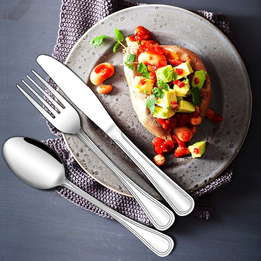 Stainless Steel Flatware Cutlery Set ¨C Mirror Polished, Dishwasher Safe, Silver & Black Options, Service for 4 / 8 / 12 ¨C Kitchen Utensil Set for Home, Restaurant & Wedding Gift