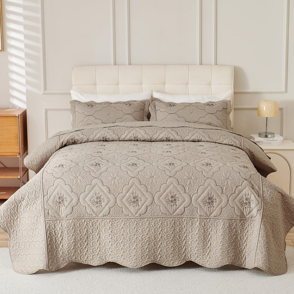 Quilt Set 3 Piece Floral Embroidery Bedspread - 100% Polyester Wrinkle Resistant Lightweight Quilted Coverlet with 2 Pillow Shams for Full Queen King Bed, Elegant Bedroom Decor in 19 Colors