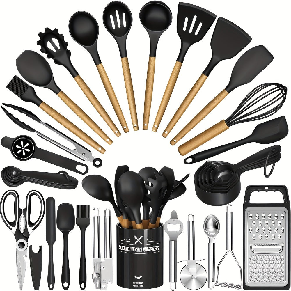 Silicone Kitchen Utensils Set 34-Piece with Holder ¨C Heat Resistant Cooking Spatula Tools for Nonstick Cookware | Wooden Handle Kitchen Gadgets | Father's Day & Housewarming Gift