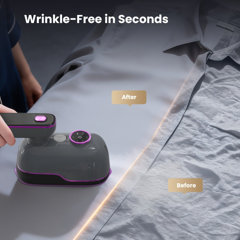 Mini Travel Steamer 2-in-1 Dry Steam Iron Foldable 180 Degree Handle 15-Second Heat 85ml Leak-Proof Tank ETL Certified for All Fabrics Home Travel Purple Black