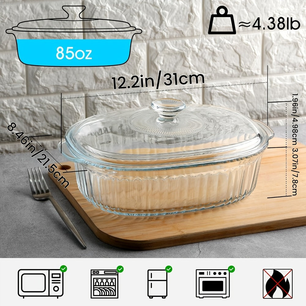 Glass Casserole Dish with Lid, Oval Ribbed Roasting Pan, Oven & Microwave Safe Covered Baking Dish, Transparent Deep Glass Cookware for Chicken Pasta Desserts, 50oz & 85oz Options