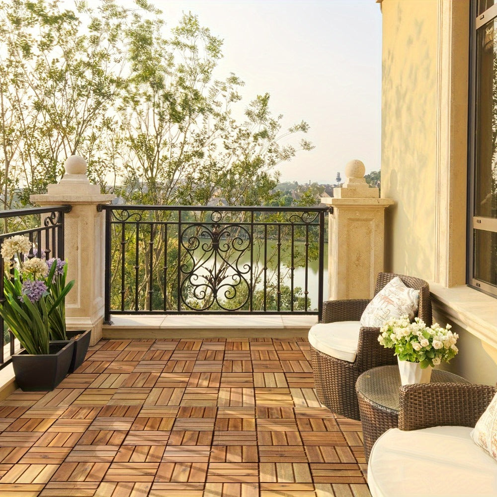 Interlocking Acacia Wood Deck Tiles 27-Pack ¨C 12x12 Inch Oil-Finished Slat Tiles, Covers 27 Sq Ft, Tool-Free Install, for Patio, Balcony, Garden, Deck & Indoor Flooring