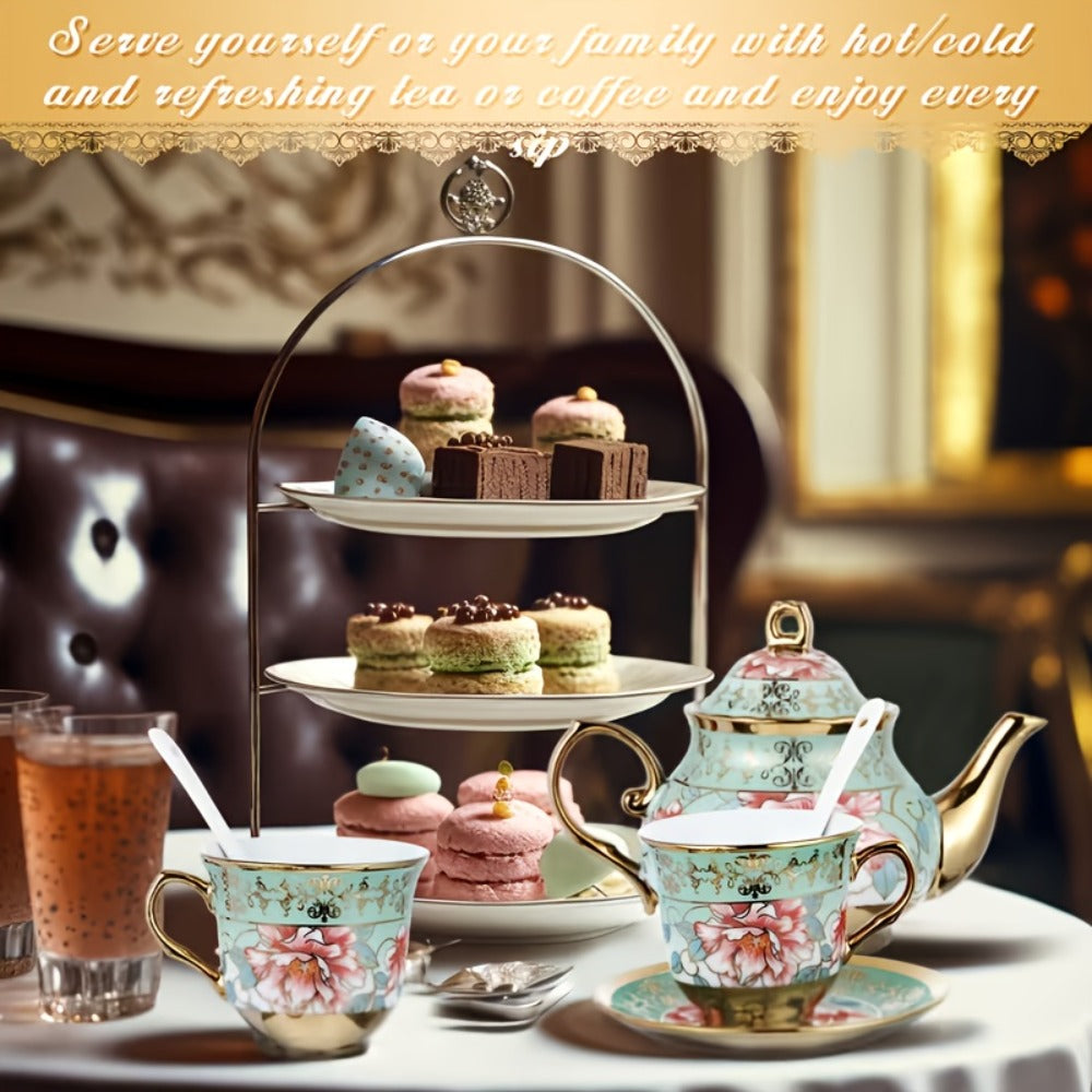 European Floral Ceramic Tea Set 20 Pcs ¨C Italian Style Afternoon Tea Set with Metal Stand ¨C Blooming Pattern Teapot & Cups ¨C Elegant Gift for Tea Lovers & Special Occasions ¨C Golden