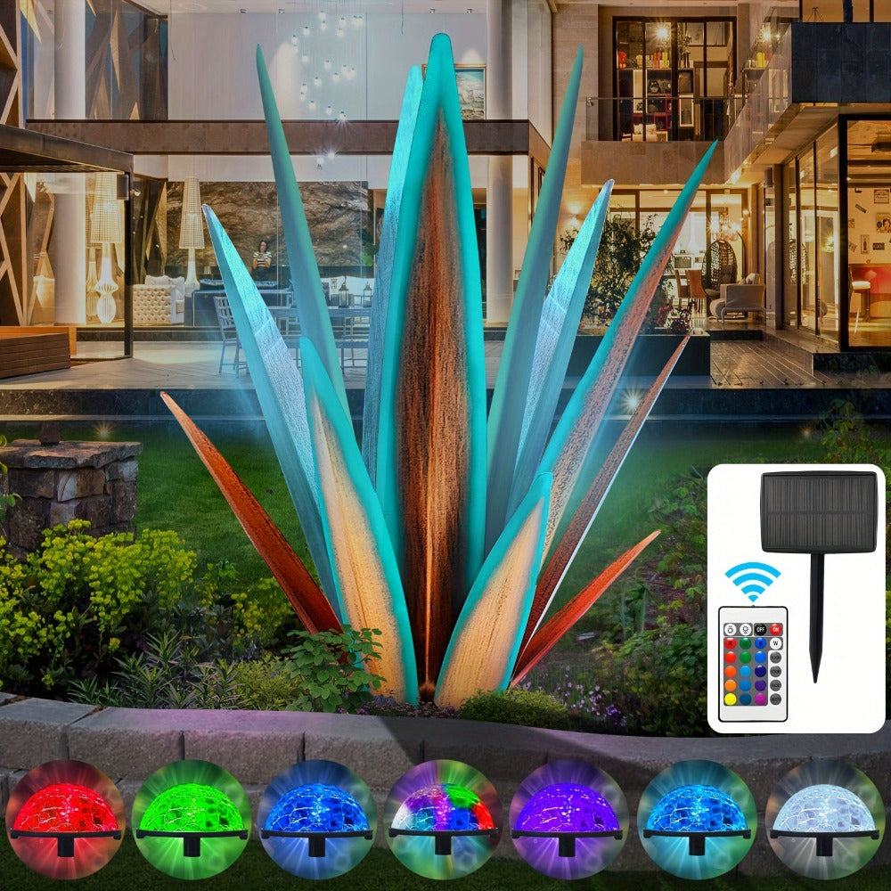 Solar Powered Agave Metal Sculpture Garden Statue - Hand-Painted Rustic Agave Figurine with LED Light & Remote Control, Indoor Outdoor Lawn Yard Courtyard Decor, Holiday Garden Art Gift