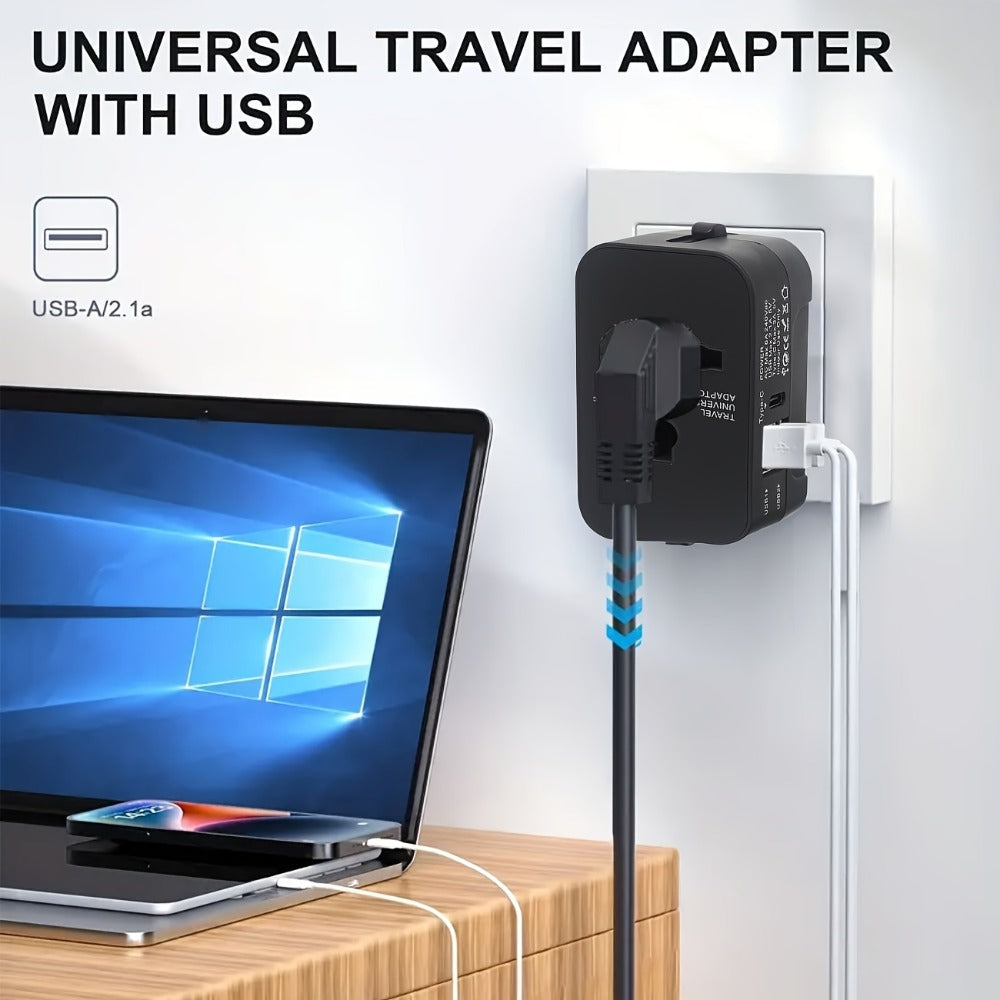 Universal Travel Adapter with Surge Protection - 2 USB & Type-C Ports, All-in-One International Plug for 350+ Countries, 100-240V Input, Fast Charging, Compact Lightweight Design, White & Black