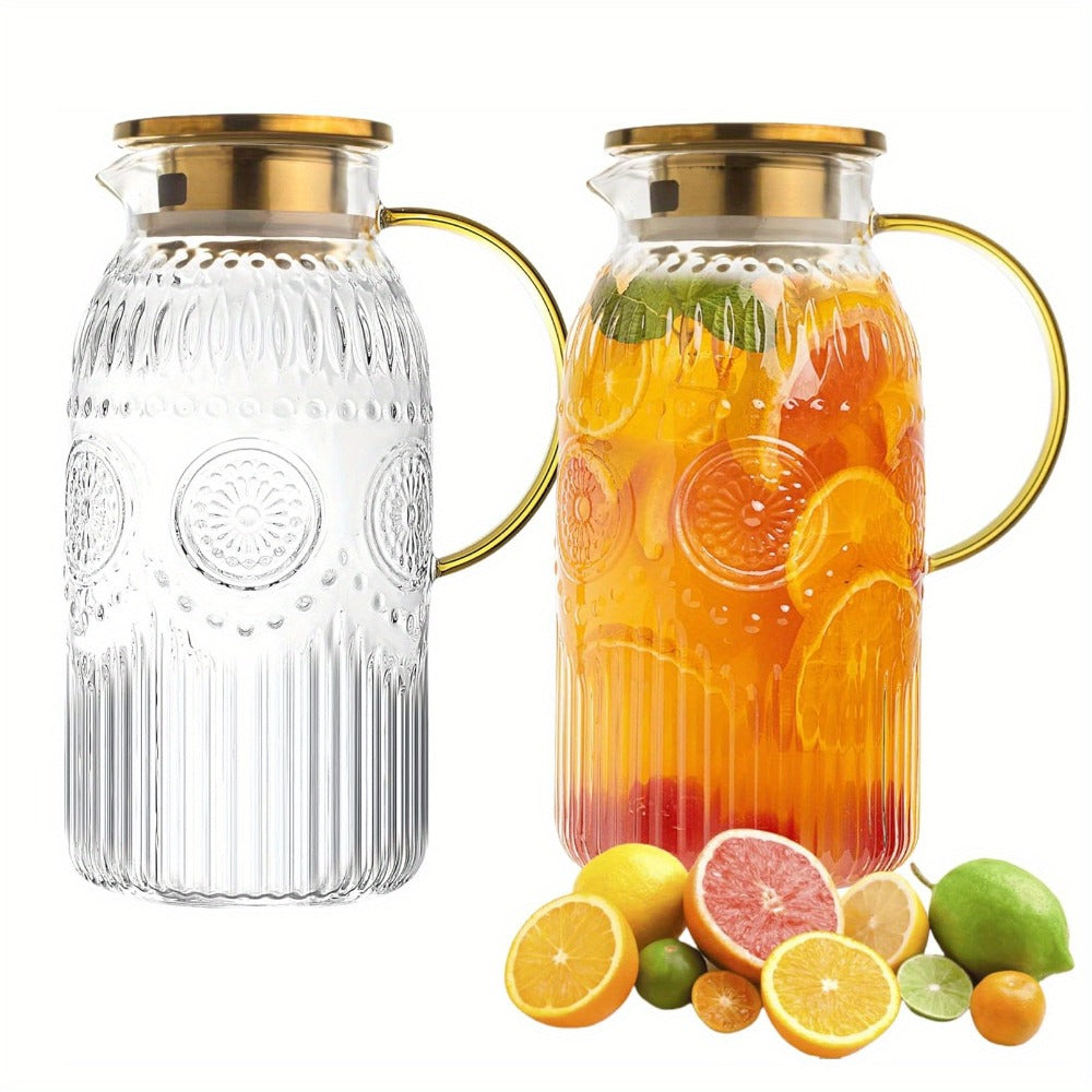 Glass Pitcher with Lid 68oz 2 Liter Heat Resistant Borosilicate Glass Water Carafe Vintage Design for Cold Brew Coffee Lemonade Iced Tea Juice Parties Picnics Camping Office Kitchen