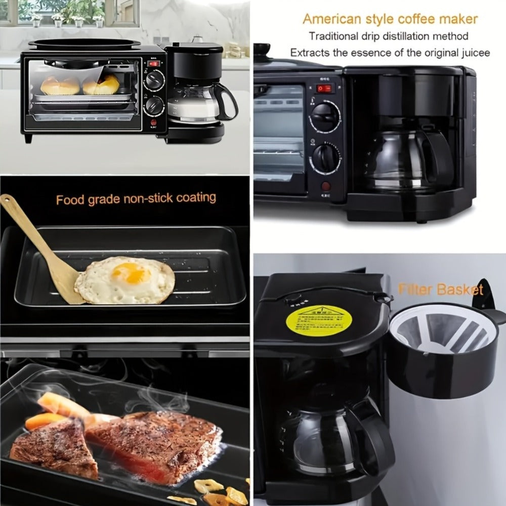 3-in-1 Breakfast Station Maker - Coffee Maker + Toaster + Frying Pan Combo, One-Touch Timing Fast Cooking, All-in-One Breakfast Machine 110V US Plug for Home Kitchen Apartment Dorm