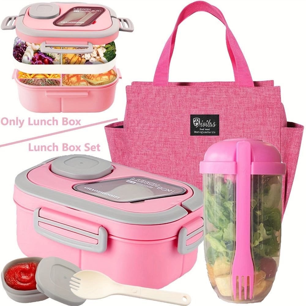 2-Layer Bento Lunch Box Set with Cup and Meal Bag - Multi-Grid Lunch Box for School, Office & Outdoor Picnics, Food Storage Container with Milk Cup, Salad Cup, Coffee Cup or Soup Bowl, Pink Blue Green White