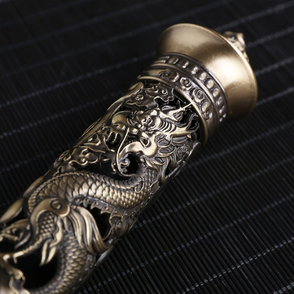 Incense Stick Holder Metal Retro Vertical Design, Dragon & Phoenix Heart Sutra Motif Brass Incense Burner Stand, Home Office Altar Meditation Ceremony Decoration Gift